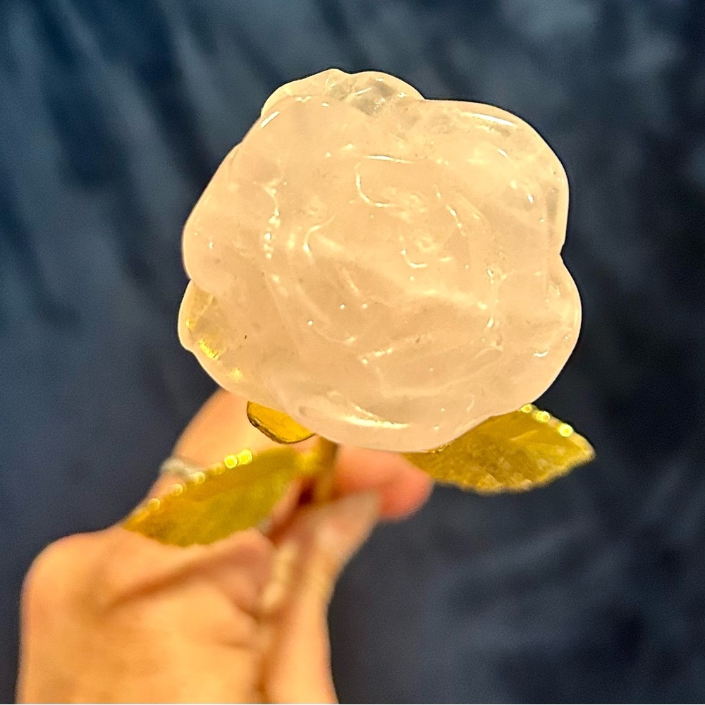 Elegant Rose Quartz Flower with Gold Leaves